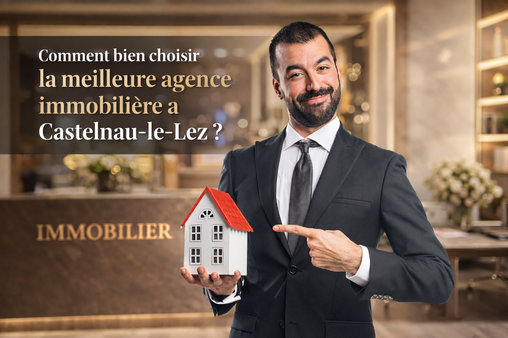 Agence immobilière à Castelnau-le-Lez : conseiller immobilier présentant une maison miniature pour illustrer le choix de la meilleure agence