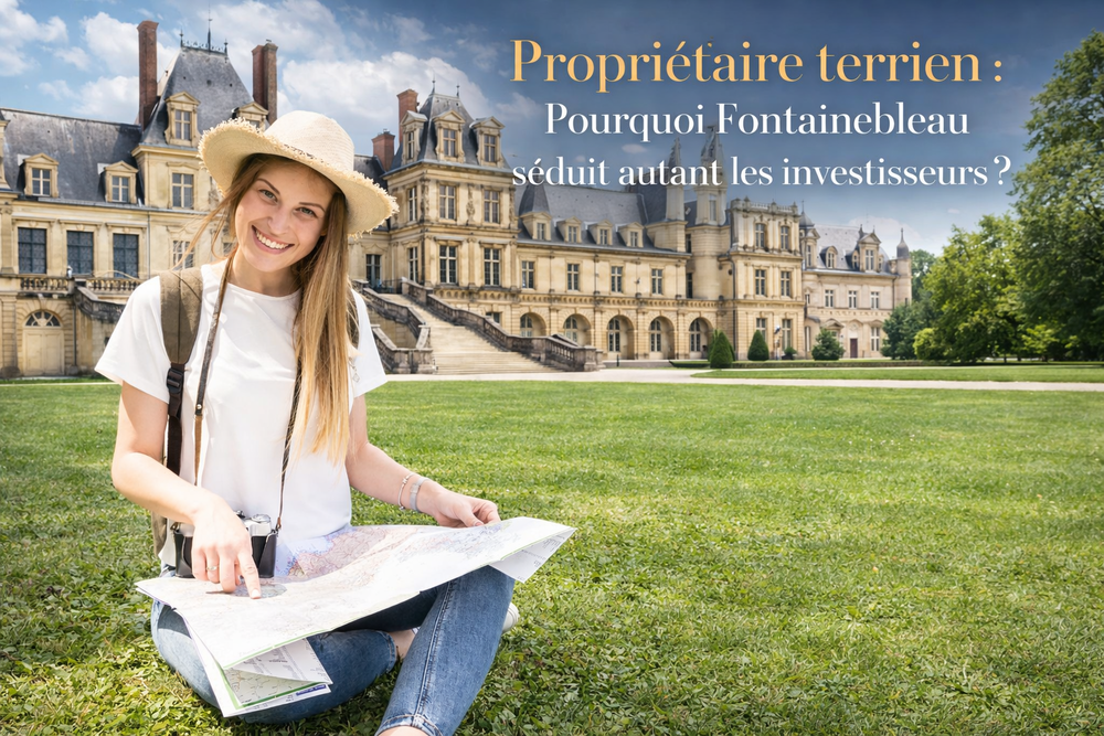Propriétaire terrien étudiant un plan devant le château de Fontainebleau, destination prisée des investisseurs immobiliers