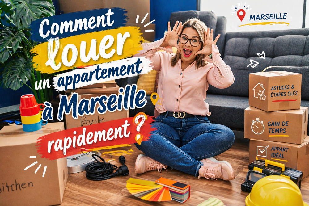 Femme entourée de cartons expliquant comment réussir une location d'appartement à Marseille rapidement