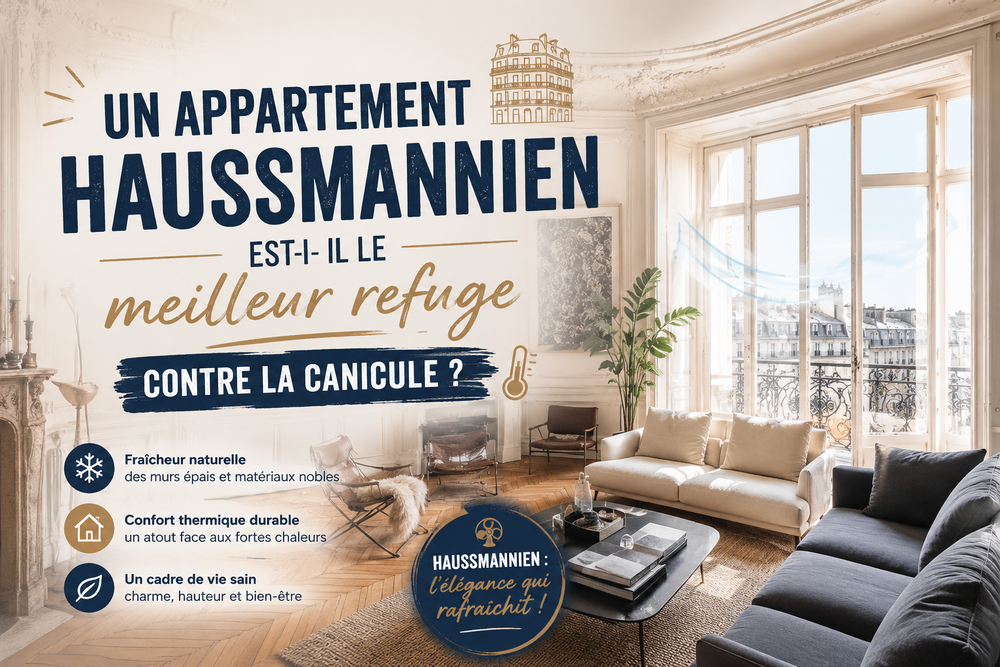 Intérieur lumineux d'un appartement haussmannien avec parquet en point de Hongrie, moulures et grandes fenêtres.