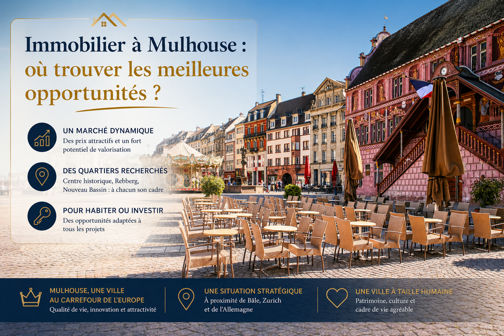 Vue du marché immobilier à Mulhouse avec ses quartiers résidentiels et ses opportunités d'investissement.