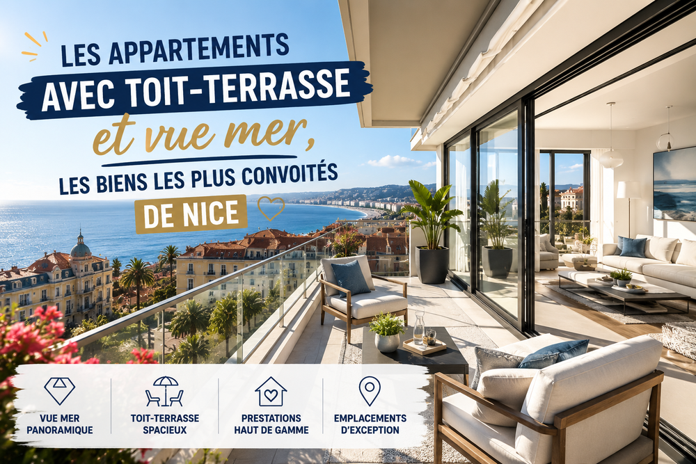 Appartement en toit-terrasse à Nice avec vue mer offrant une terrasse panoramique sur la Méditerranée.