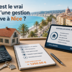 Simulation du coût d'une gestion locative à Nice avec calcul des honoraires, maison miniature et vue sur la Promenade des Anglais.