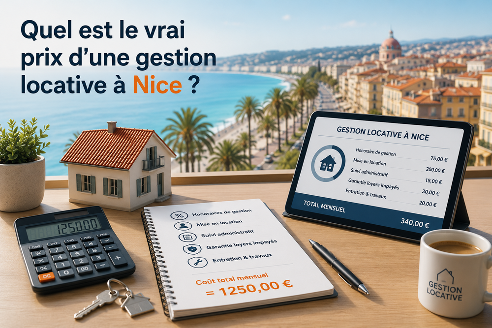 Simulation du coût d'une gestion locative à Nice avec calcul des honoraires, maison miniature et vue sur la Promenade des Anglais.
